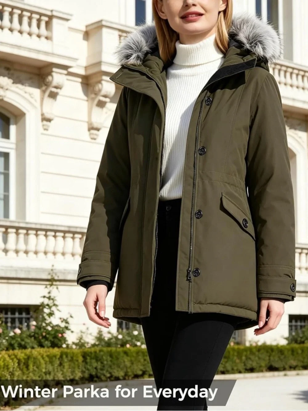 Insulated GREEN Parka with Faux-Fur Trim Hood
